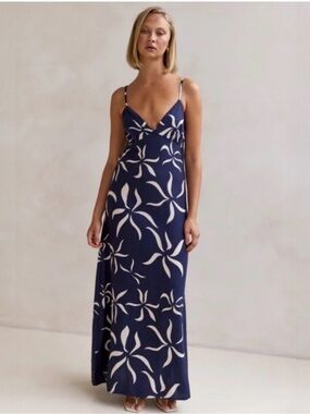Navy Floral Print Slip Maxi Dress